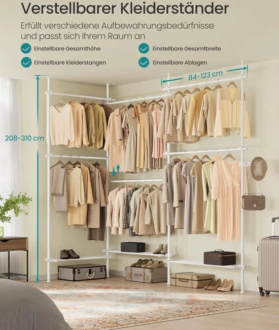 FurnStar - Telescopische kledingstandaard - 3-Traps garderobe - In hoogte en breedte verstelbaar - Open kledingkast met 6 kledingstangen en 3 afneembare planken - Grijparm - 34 x 353 x 310 cm - Mat wit