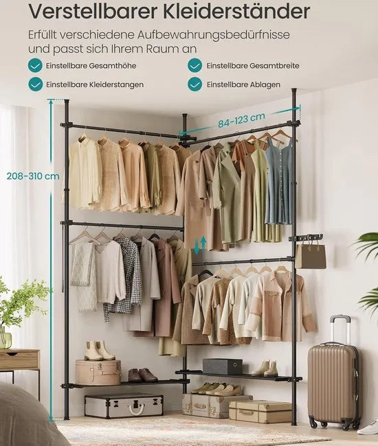 FurnStar Telescopische Kledingstandaard – 3-Traps Garderobe – In Hoogte en Breedte Verstelbaar – Open Kledingkast met 4 Kledingstangen en 2 Afneembare Planken – Grijparm – 33,5 x (162-238) x (208-310) cm – Matzwart