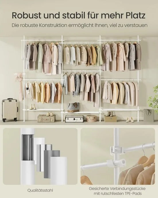 FurnStar - Telescopische kledingstandaard - 3-Traps garderobe - In hoogte en breedte verstelbaar - Open kledingkast met 6 kledingstangen en 3 afneembare planken - Grijparm - 34 x 353 x 310 cm - Mat wit