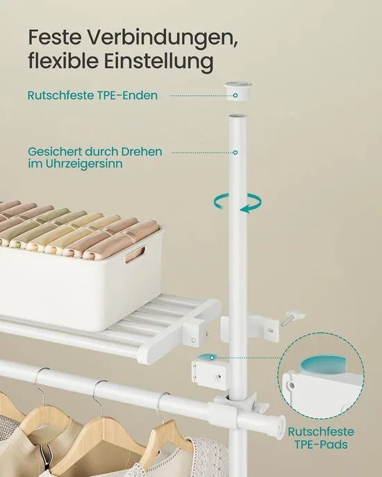 FurnStar Telescopische Kledingstandaard – 3-Traps Garderobe – Verstelbaar in Hoogte en Breedte – Open Kledingkast met 4 Stangen & 2 Planken – Grijparm – Mat Wit