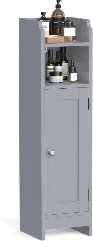 FurnStar – Toiletkast – Smalle badkamerkast met verstelbare planken – Ruimtebesparend badkamerrek – Eenvoudige montage - Met Deur en Verstelbare Planken – MDF – 18 x 20 x 80 cm -Wit – Grijs 20 x 18 x 80cm