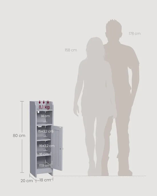 FurnStar – Toiletkast – Smalle badkamerkast met verstelbare planken – Ruimtebesparend badkamerrek – Eenvoudige montage - Met Deur en Verstelbare Planken – MDF – 18 x 20 x 80 cm -Wit – Grijs 20 x 18 x 80cm