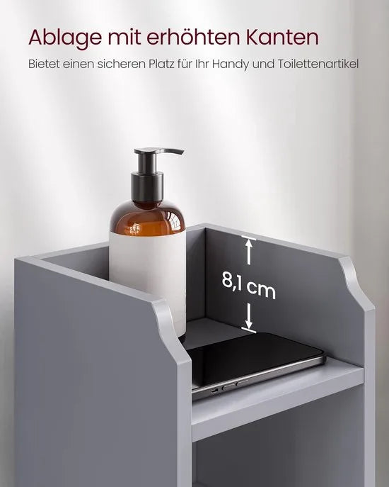 FurnStar – Toiletkast – Smalle badkamerkast met verstelbare planken – Ruimtebesparend badkamerrek – Eenvoudige montage - Met Deur en Verstelbare Planken – MDF – 18 x 20 x 80 cm -Wit – Grijs 20 x 18 x 80cm
