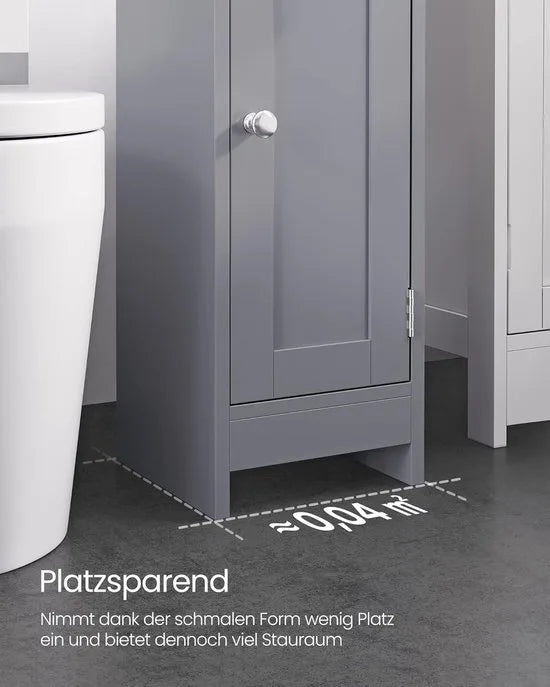 FurnStar – Toiletkast – Smalle badkamerkast met verstelbare planken – Ruimtebesparend badkamerrek – Eenvoudige montage - Met Deur en Verstelbare Planken – MDF – 18 x 20 x 80 cm -Wit – Grijs 20 x 18 x 80cm