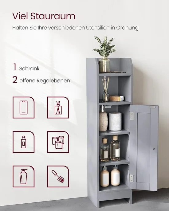 FurnStar – Toiletkast – Smalle badkamerkast met verstelbare planken – Ruimtebesparend badkamerrek – Eenvoudige montage - Met Deur en Verstelbare Planken – MDF – 18 x 20 x 80 cm -Wit – Grijs 20 x 18 x 80cm