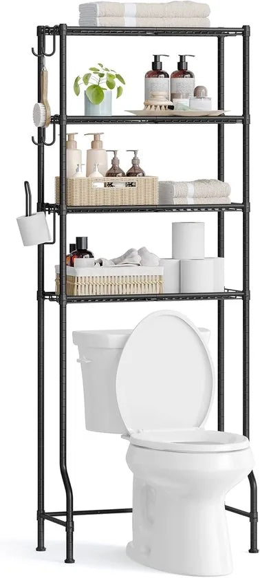 FurnStar – Toiletrek – Badkamerrek met 4 verdiepingen – Wasmachinerek – Verstelbare planken – Met haken en toiletpapierhouder – Ruimtebesparend – 30 x 63 x 176 cm – Zwart –