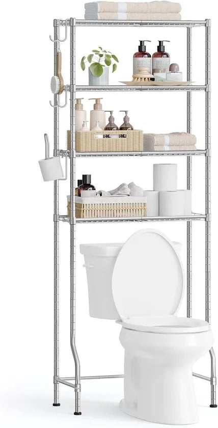 FurnStar – Toiletrek – Badkamerrek met 4 verdiepingen – Wasmachinerek – Verstelbare planken – Met haken en toiletpapierhouder – Ruimtebesparend – 30 x 63 x 176 cm – Zwart – – Duifgrijs