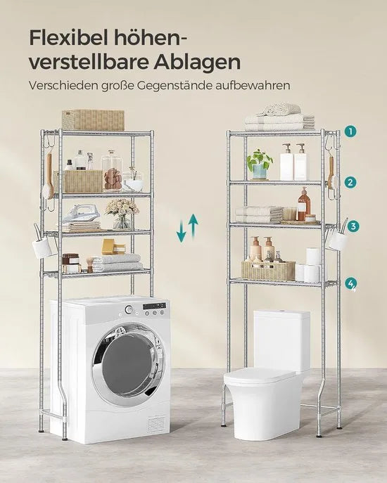 FurnStar – Toiletrek – Badkamerrek met 4 verdiepingen – Wasmachinerek – Verstelbare planken – Met haken en toiletpapierhouder – Ruimtebesparend – 30 x 63 x 176 cm – Zwart – – Duifgrijs