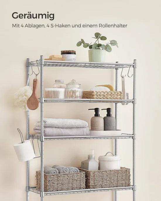 FurnStar – Toiletrek – Badkamerrek met 4 verdiepingen – Wasmachinerek – Verstelbare planken – Met haken en toiletpapierhouder – Ruimtebesparend – 30 x 63 x 176 cm – Zwart – – Duifgrijs