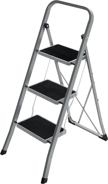 FurnStar - Trapladder - 3-Stapsladder - Vouwladder - Veiligheidsslot - Ruimtebesparende Opslag - Draagvermogen tot 150 kg - Duifgrijs