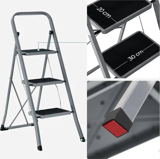 FurnStar - Trapladder - 3-Stapsladder - Vouwladder - Veiligheidsslot - Ruimtebesparende Opslag - Draagvermogen tot 150 kg - Duifgrijs