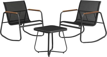 FurnStar – Tuinmeubelset – 2 Schommelstoelen met Tafel – Balkonset – Ademende Stoelen met Armleuningen – Stalen Frame – Inktzwart – Voor Tuin, Terras, Balkon