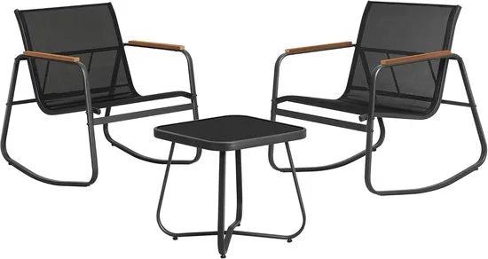 FurnStar – Tuinmeubelset – 2 Schommelstoelen met Tafel – Balkonset – Ademende Stoelen met Armleuningen – Stalen Frame – Inktzwart – Voor Tuin, Terras, Balkon