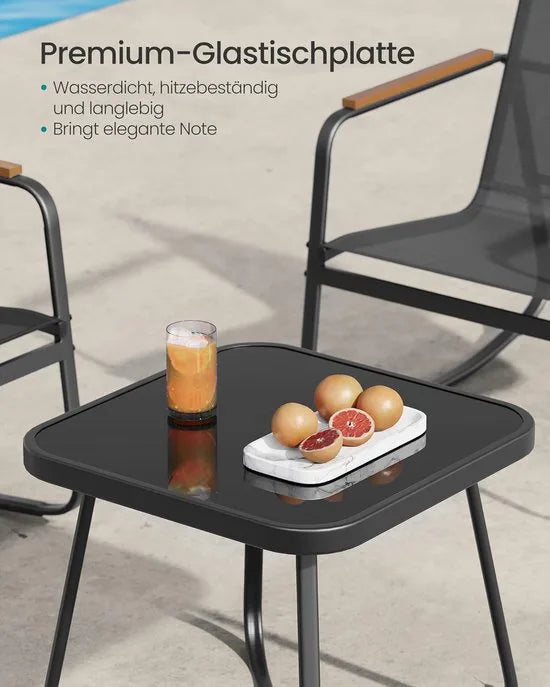 FurnStar – Tuinmeubelset – 2 Schommelstoelen met Tafel – Balkonset – Ademende Stoelen met Armleuningen – Stalen Frame – Inktzwart – Voor Tuin, Terras, Balkon