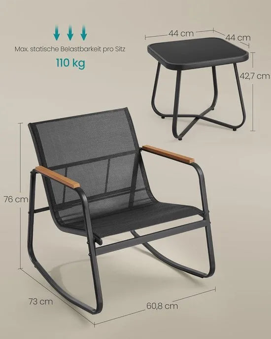 FurnStar – Tuinmeubelset – 2 Schommelstoelen met Tafel – Balkonset – Ademende Stoelen met Armleuningen – Stalen Frame – Inktzwart – Voor Tuin, Terras, Balkon