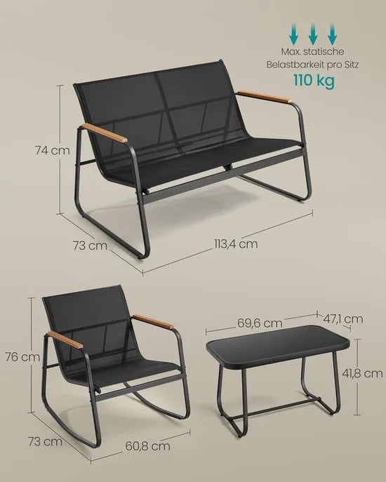 FurnStar - Tuinmeubelset - Balkonmeubels - 2 Schommelstoelen met Tafel - Tuinbank - Staal - Terrasmeubels - Met Armleuningen - Ademend Kunstvezelweefsel - Inktzwart