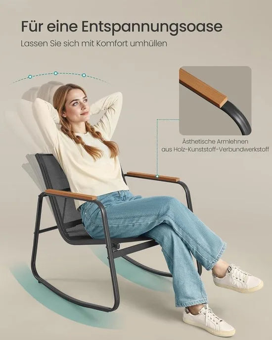 FurnStar - Tuinmeubelset - Balkonmeubels - 2 Schommelstoelen met Tafel - Tuinbank - Staal - Terrasmeubels - Met Armleuningen - Ademend Kunstvezelweefsel - Inktzwart