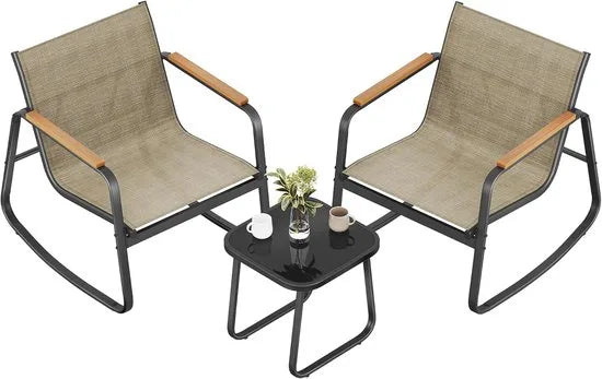 Furnstar Tuinmeubelset – Balkonset- Terras meubel - Kunstvezelweefsel -3-delig – 2 Schommelstoelen + Tafel – Weerbestendig – Geelbruin