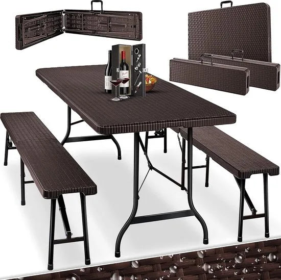 FurnStar - Tuintafel - opvouwbare tafelset 73 x 180 x 75 cm - 2 x borrelbanken 1 x tafel - tuintafel met inklapbaar handvat - Rotan-look – Rotan
