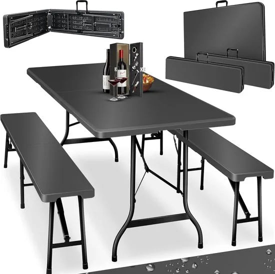 FurnStar - Tuintafel - opvouwbare tafelset 73 x 180 x 75 cm - 2 x borrelbanken 1 x tafel - tuintafel met inklapbaar handvat - Rotan-look – Glad zwart