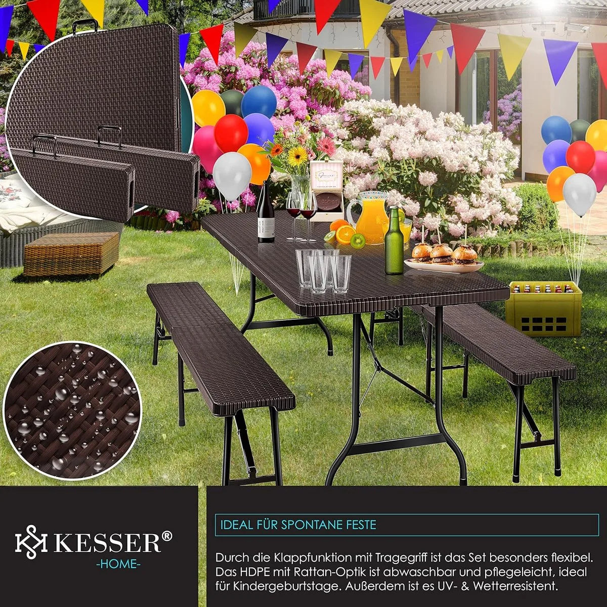 FurnStar - Tuintafel - opvouwbare tafelset 73 x 180 x 75 cm - 2 x borrelbanken 1 x tafel - tuintafel met inklapbaar handvat - Rotan-look – Rotan
