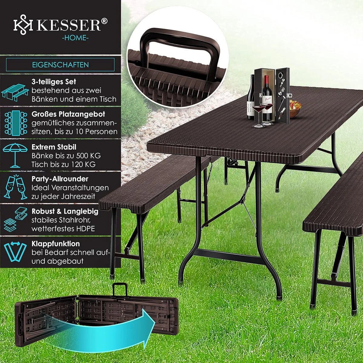 FurnStar - Tuintafel - opvouwbare tafelset 73 x 180 x 75 cm - 2 x borrelbanken 1 x tafel - tuintafel met inklapbaar handvat - Rotan-look – Rotan