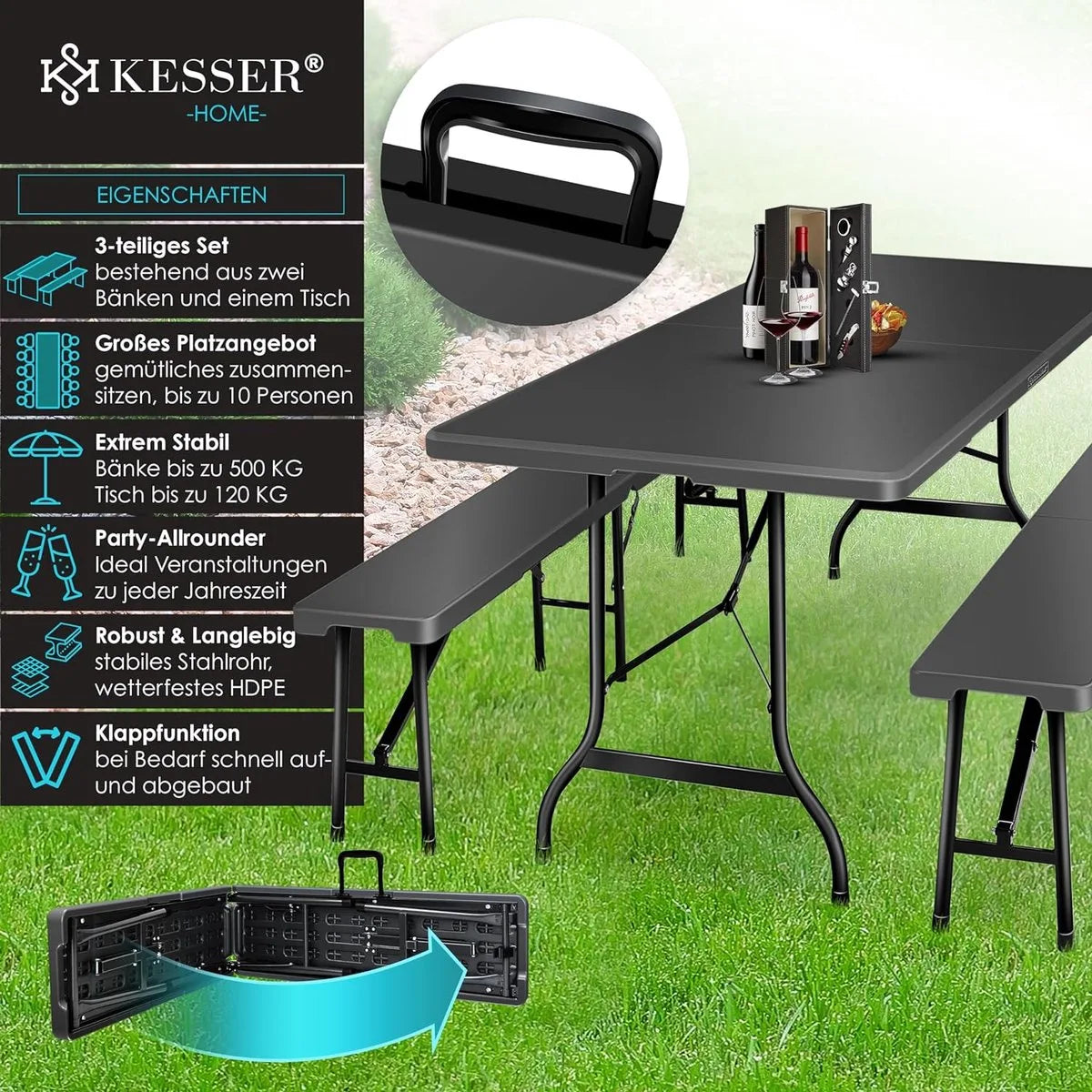 FurnStar - Tuintafel - opvouwbare tafelset 73 x 180 x 75 cm - 2 x borrelbanken 1 x tafel - tuintafel met inklapbaar handvat - Rotan-look – Glad zwart