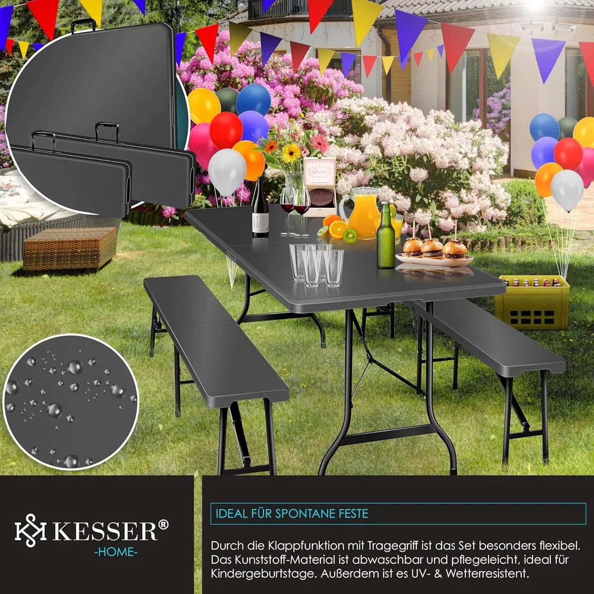 FurnStar - Tuintafel - opvouwbare tafelset 73 x 180 x 75 cm - 2 x borrelbanken 1 x tafel - tuintafel met inklapbaar handvat - Glad zwart