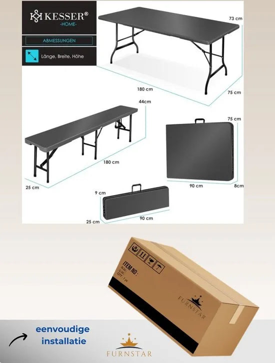 FurnStar - Tuintafel - opvouwbare tafelset 73 x 180 x 75 cm - 2 x borrelbanken 1 x tafel - tuintafel met inklapbaar handvat - Glad zwart