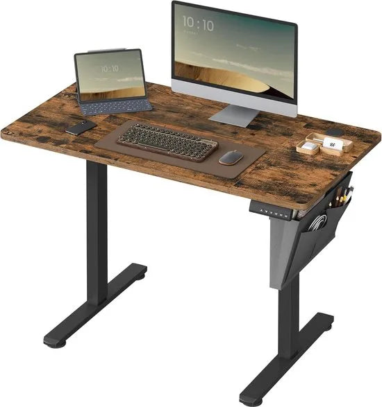 FurnStar Verstelbaar Bureau – Elektrisch In Hoogte Verstelbaar – Bureau Tafel met Geheugenfunctie voor 4 Hoogtes – Voor Thuiskantoor of Werkkamer – 60 x 110 x (72-120) cm – Inktzwart – Vintage bruin + inktzwart