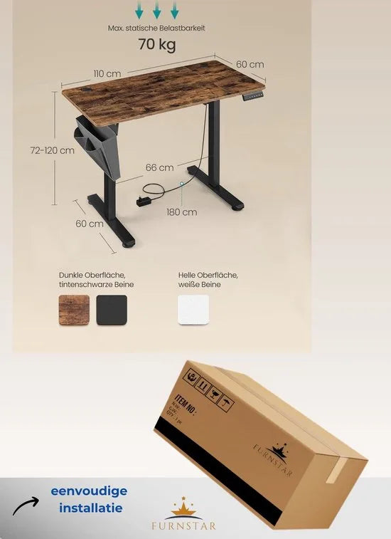 FurnStar Verstelbaar Bureau – Elektrisch In Hoogte Verstelbaar – Bureau Tafel met Geheugenfunctie voor 4 Hoogtes – Voor Thuiskantoor of Werkkamer – 60 x 110 x (72-120) cm – Inktzwart – Vintage bruin + inktzwart