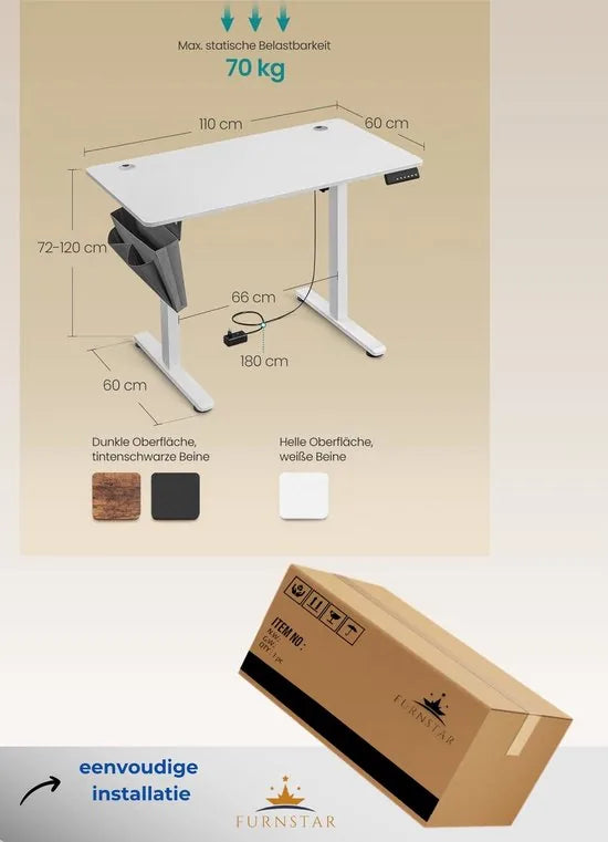 FurnStar Verstelbaar Bureau – Elektrisch In Hoogte Verstelbaar – Bureau Tafel met Geheugenfunctie voor 4 Hoogtes – Voor Thuiskantoor of Werkkamer – 60 x 110 x (72-120) cm – Inktzwart – Wolkenwit