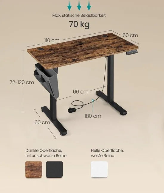 FurnStar Verstelbaar Bureau – Elektrisch In Hoogte Verstelbaar – Bureau Tafel met Geheugenfunctie voor 4 Hoogtes – Voor Thuiskantoor of Werkkamer – 60 x 110 x (72-120) cm – Inktzwart – Vintage bruin + inktzwart