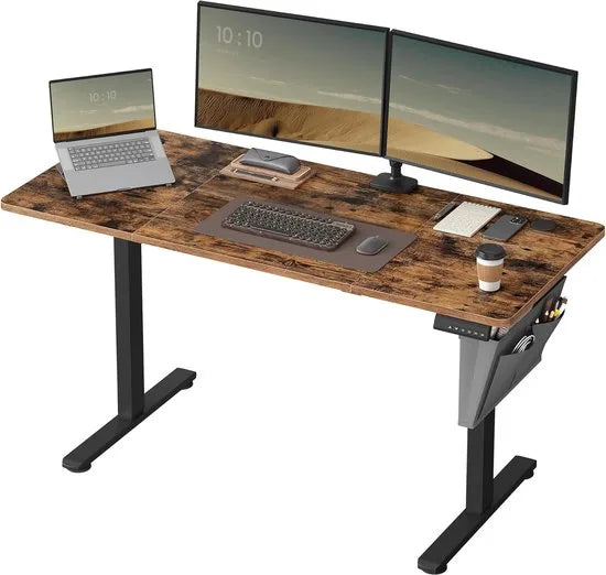 FurnStar - Verstelbaar bureau - In hoogte verstelbaar bureau elektrisch - bureau tafel - verstelbaar bureau elektrisch - , 60 x 140 x (72-120) cm - geheugenfunctie voor 4 hoogtes - voor thuiskantoor - werkkamer - vintage bruin + inktzwart.