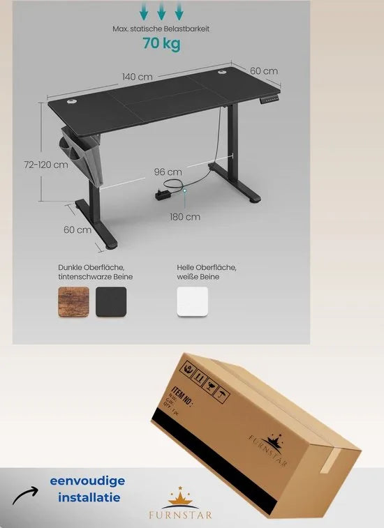 FurnStar - Verstelbaar bureau - In hoogte verstelbaar bureau elektrisch - bureau tafel - verstelbaar bureau elektrisch - 60 x 120 x (72-120) cm - geheugenfunctie voor 4 hoogtes - voor thuiskantoor - w – Inktzwart 60 x 140