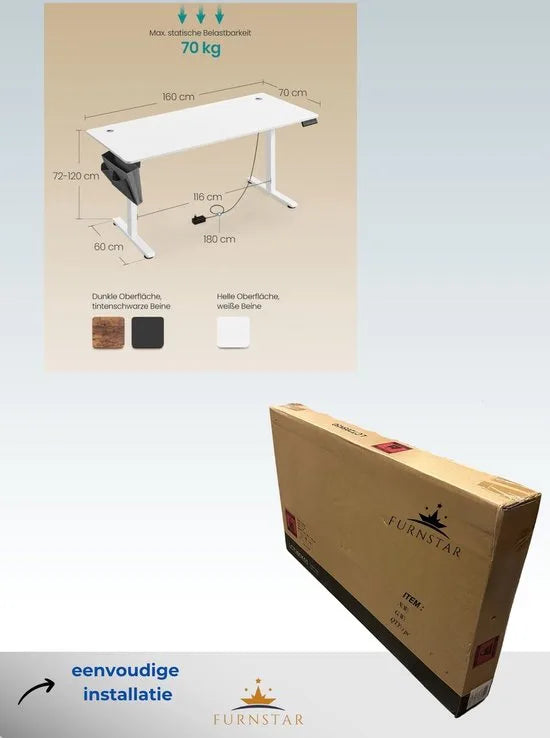 FurnStar - Verstelbaar bureau - In hoogte verstelbaar bureau elektrisch - bureau tafel - verstelbaar bureau elektrisch - 60 x 120 x (72-120) cm - geheugenfunctie voor 4 hoogtes - voor thuiskantoor - w – Wolkenwit 70 x 160