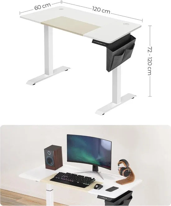 FurnStar - Verstelbaar bureau - In hoogte verstelbaar bureau elektrisch - bureau tafel - verstelbaar bureau elektrisch - 60 x 120 x (72-120) cm - geheugenfunctie voor 4 hoogtes - voor thuiskantoor - w – Basiswit + beige 60 x 120