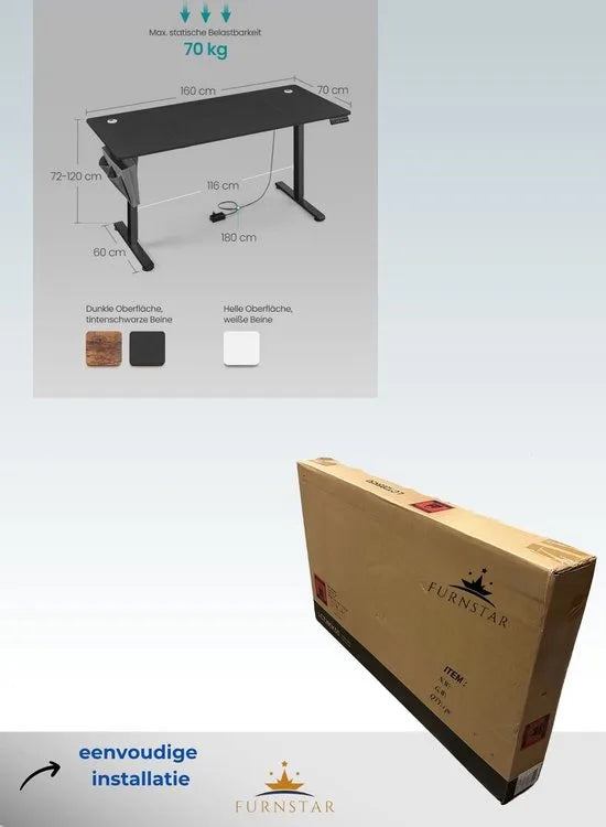FurnStar - Verstelbaar bureau - In hoogte verstelbaar bureau elektrisch - bureau tafel - verstelbaar bureau elektrisch - 60 x 120 x (72-120) cm - geheugenfunctie voor 4 hoogtes - voor thuiskantoor - w – Inkt zwart 70 x 160
