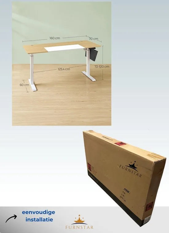 FurnStar - Verstelbaar bureau - In hoogte verstelbaar bureau elektrisch - bureau tafel - verstelbaar bureau elektrisch - 60 x 120 x (72-120) cm - geheugenfunctie voor 4 hoogtes - voor thuiskantoor - w – Pastelgeel + basiswit 70 x 160