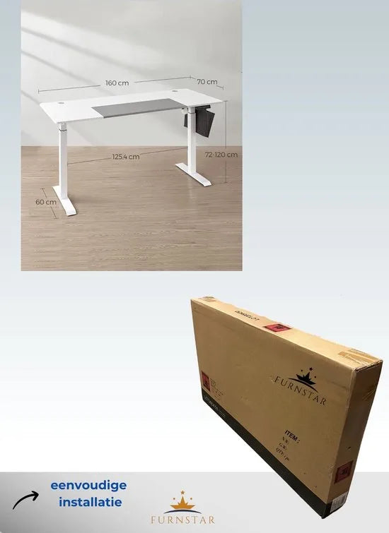 FurnStar - Verstelbaar bureau - In hoogte verstelbaar bureau elektrisch - bureau tafel - verstelbaar bureau elektrisch - 60 x 120 x (72-120) cm - geheugenfunctie voor 4 hoogtes - voor thuiskantoor - w – Basiswit + duifgrijs 70 x 160
