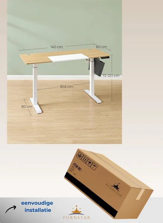 FurnStar - Verstelbaar bureau - In hoogte verstelbaar bureau elektrisch - bureau tafel - verstelbaar bureau elektrisch - 60 x 120 x (72-120) cm - geheugenfunctie voor 4 hoogtes - voor thuiskantoor - w – Pastelgeel + basiswit. 60 x 140
