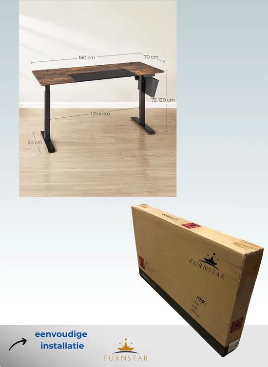 FurnStar - Verstelbaar bureau - In hoogte verstelbaar bureau elektrisch - bureau tafel - verstelbaar bureau elektrisch - , 70 x 160 x (72-120) cm - geheugenfunctie voor 4 hoogtes - voor thuiskantoor - werkkamer - vintage bruin + basiszwart