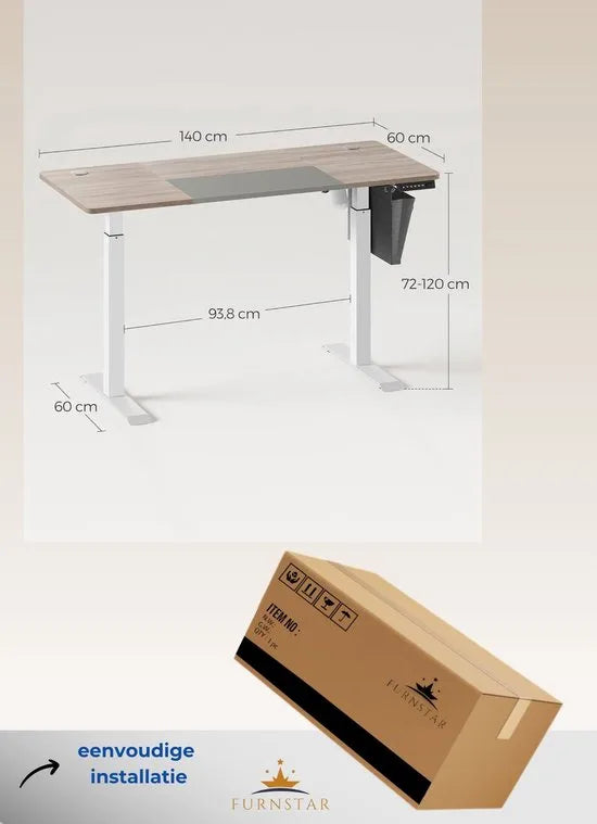 FurnStar - Verstelbaar bureau - In hoogte verstelbaar bureau elektrisch - bureau tafel - verstelbaar bureau elektrisch - 60 x 120 x (72-120) cm - geheugenfunctie voor 4 hoogtes - voor thuiskantoor - w – Basiswit + greige. 60 x 140