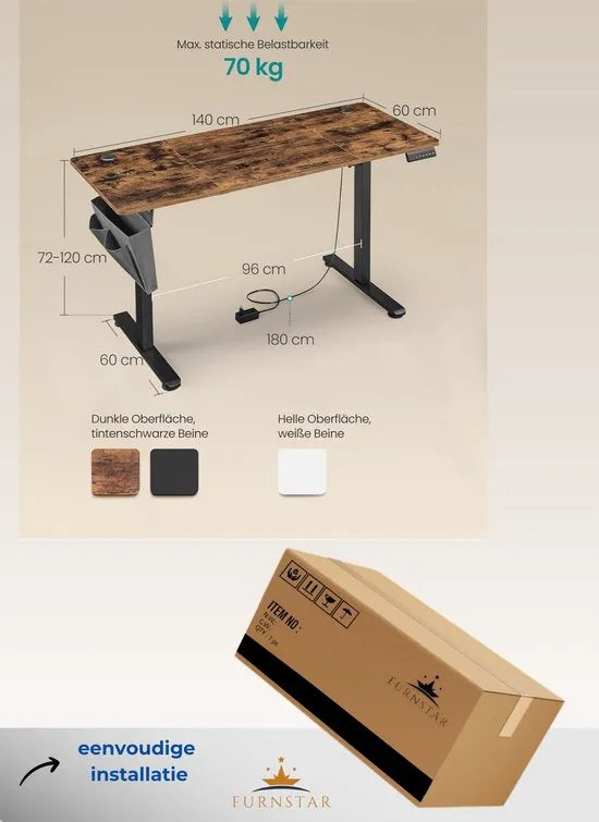 FurnStar - Verstelbaar bureau - In hoogte verstelbaar bureau elektrisch - bureau tafel - verstelbaar bureau elektrisch - , 60 x 140 x (72-120) cm - geheugenfunctie voor 4 hoogtes - voor thuiskantoor - werkkamer - vintage bruin + inktzwart.