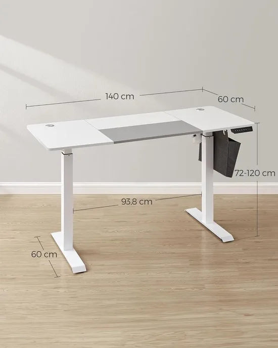 FurnStar - Verstelbaar bureau - In hoogte verstelbaar bureau elektrisch - bureau tafel - verstelbaar bureau elektrisch - 60 x 120 x (72-120) cm - geheugenfunctie voor 4 hoogtes - voor thuiskantoor - w – Basiswit + duifgrijs. 60 x 140