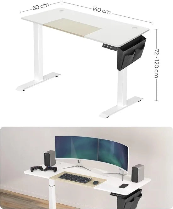 FurnStar - Verstelbaar bureau - In hoogte verstelbaar bureau elektrisch - bureau tafel - verstelbaar bureau elektrisch - , 60 x 140 x (72-120) cm - geheugenfunctie voor 4 hoogtes - voor thuiskantoor - werkkamer - basiswit + beige.