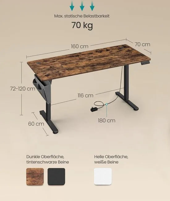 FurnStar - Verstelbaar bureau - In hoogte verstelbaar bureau elektrisch - bureau tafel - verstelbaar bureau elektrisch - 60 x 120 x (72-120) cm - geheugenfunctie voor 4 hoogtes - voor thuiskantoor - w – Vintagebruin + inktzwart 70 x 160