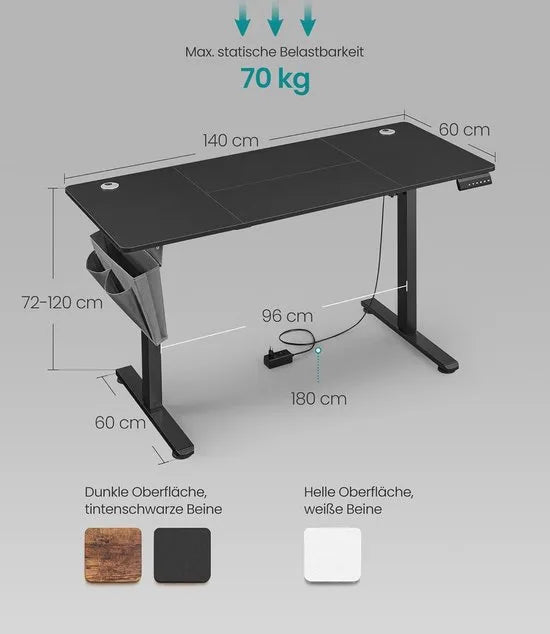 FurnStar - Verstelbaar bureau - In hoogte verstelbaar bureau elektrisch - bureau tafel - verstelbaar bureau elektrisch - 60 x 120 x (72-120) cm - geheugenfunctie voor 4 hoogtes - voor thuiskantoor - w – Inktzwart 60 x 140