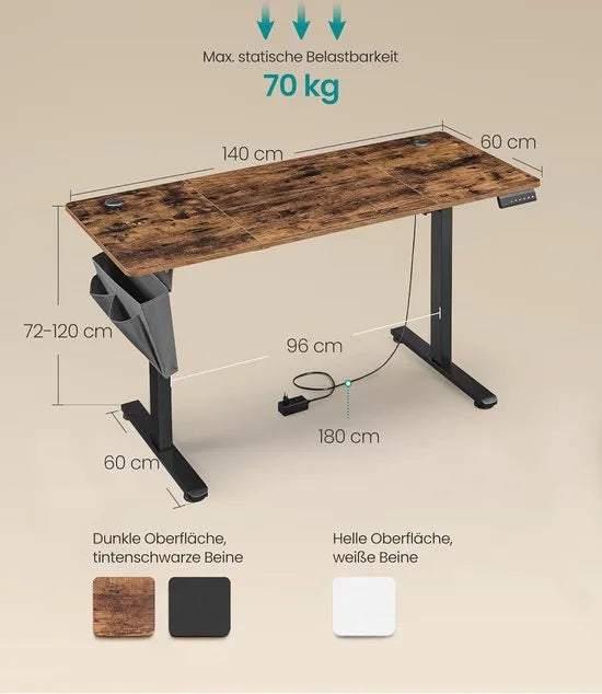 FurnStar - Verstelbaar bureau - In hoogte verstelbaar bureau elektrisch - bureau tafel - verstelbaar bureau elektrisch - 60 x 120 x (72-120) cm - geheugenfunctie voor 4 hoogtes - voor thuiskantoor - w – Vintage bruin + inktzwart. 60 x 140