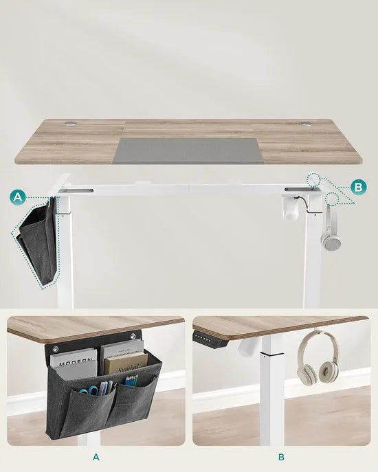 FurnStar - Verstelbaar bureau - In hoogte verstelbaar bureau elektrisch - bureau tafel - verstelbaar bureau elektrisch - 60 x 120 x (72-120) cm - geheugenfunctie voor 4 hoogtes - voor thuiskantoor - w – Basiswit + greige. 60 x 140